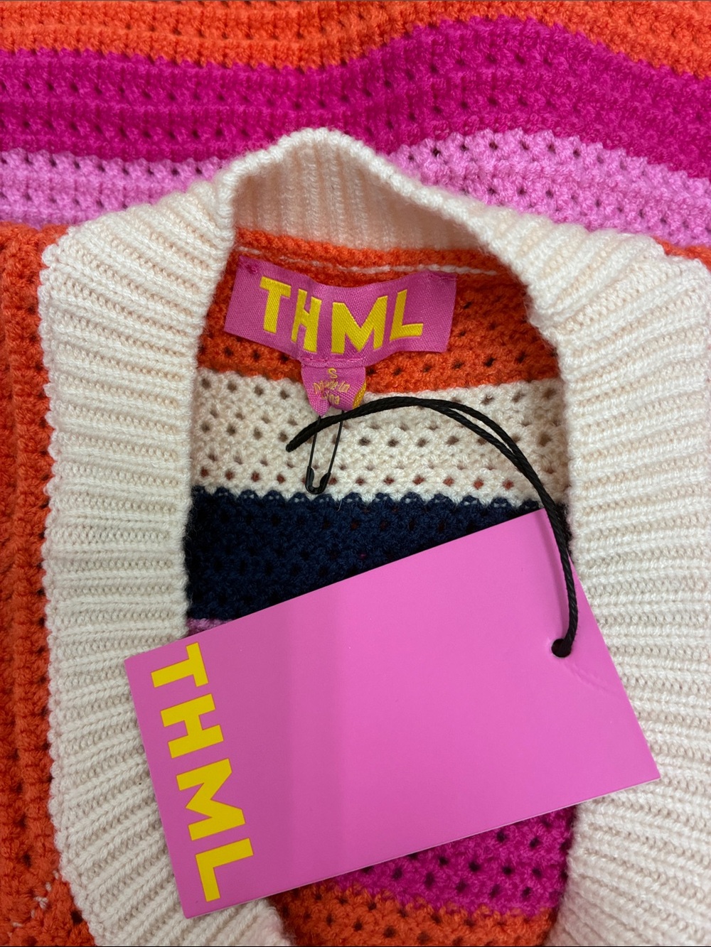THML Striped Crochet Knit Sleeveless Crew in Pink, Orange, Navy & Cream - Picture 9 of 10
